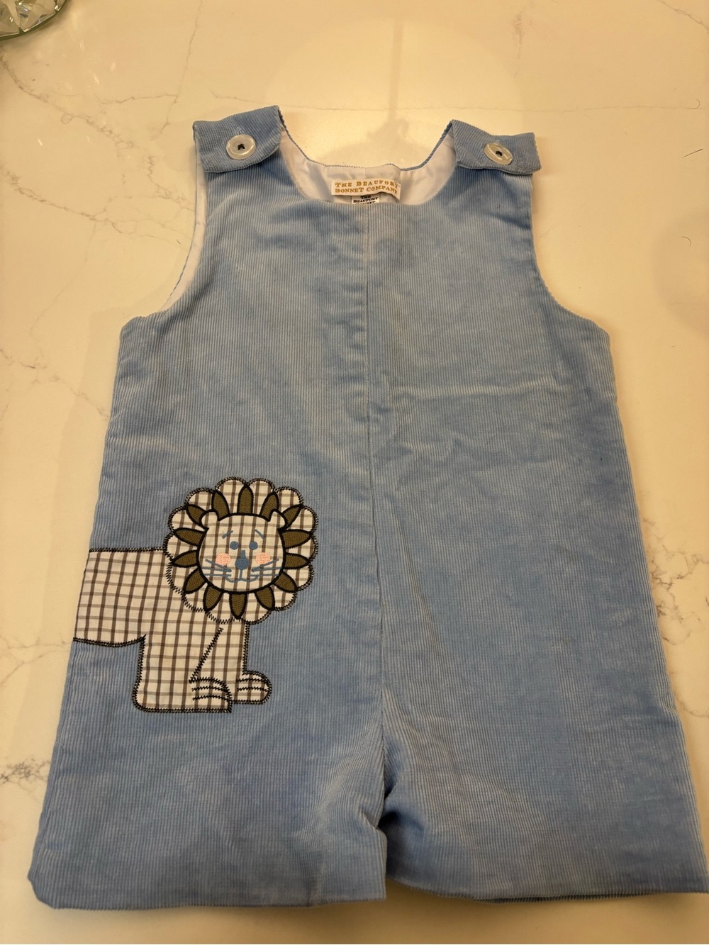 The Beaufort Bonnet Company Light Blue Corduroy Shorts Romper with Lion Appliqué